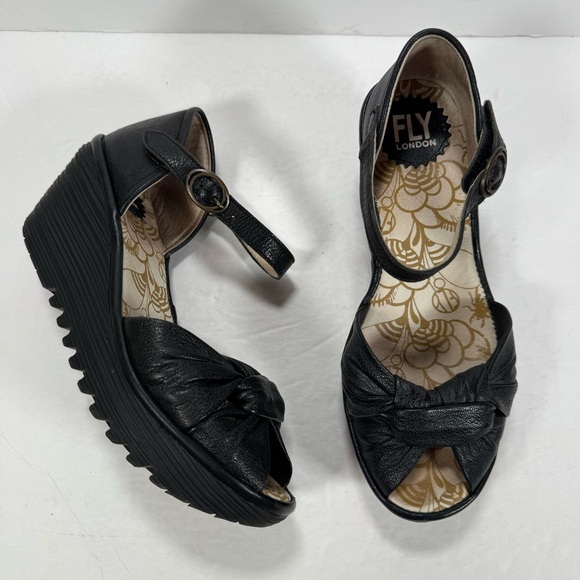 Fly London Shoes - Fly London Black Leather Open Toe Ankle Strap Wedge Sandals Women Size 7